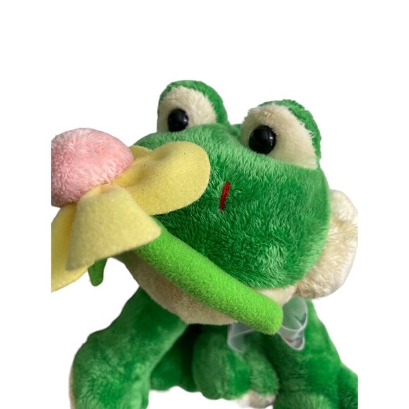 Fine Toy Frog Plush Stuffed Animal Green Holding Pink Yellow Flower Sheer Bow - Picture 10 of 15